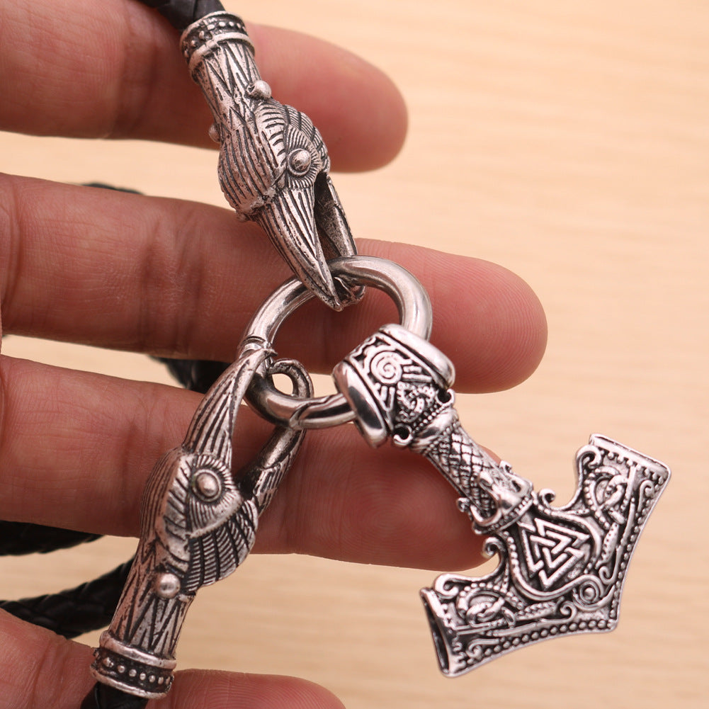 Viking Odin Thunder Hammer Necklace with Rune Characters and Crow Head Pendants
