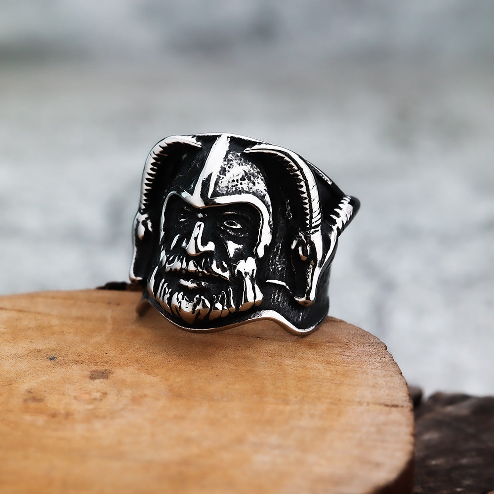 European And American Retro Jewelry Stainless Steel Men's Ring Hip Hop Style Viking Double Sheephead Warrior Ring