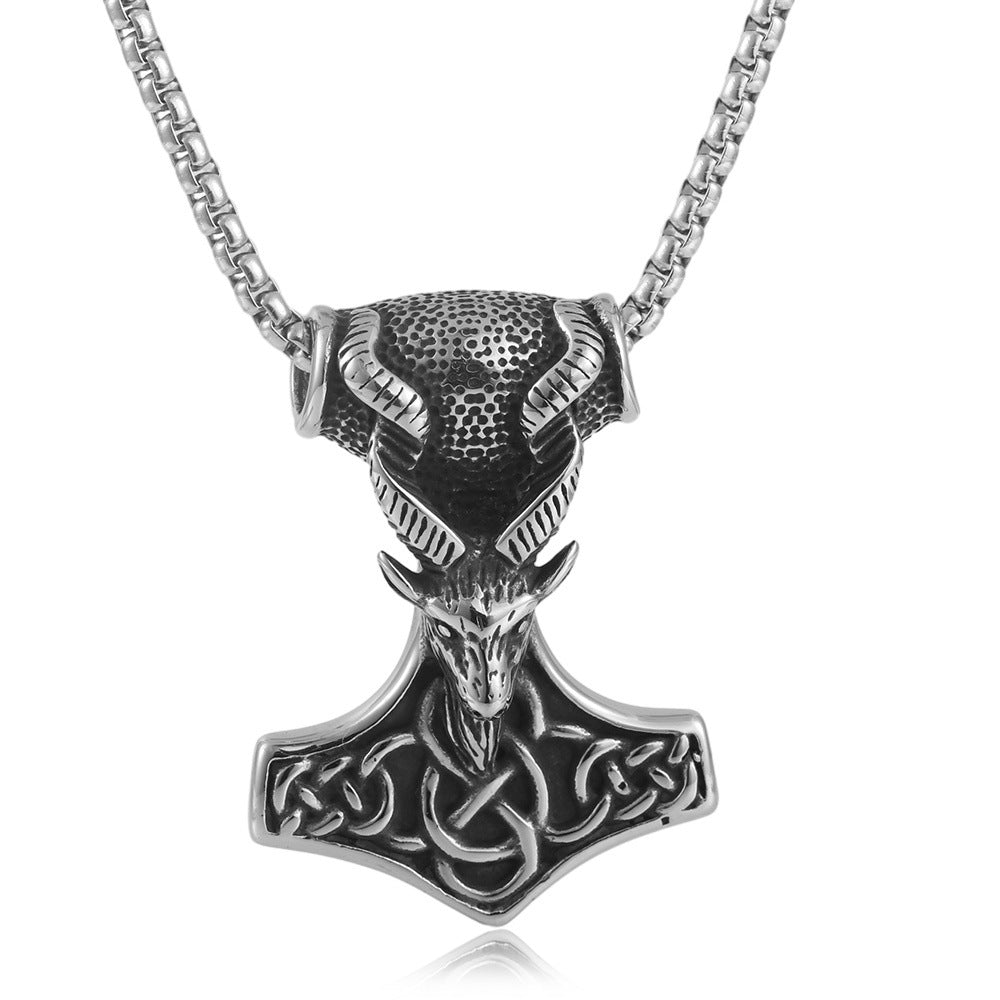 Titanium Steel Thor Hammer Pendant Necklace for Men - Retro Punk Animal Antelope Design