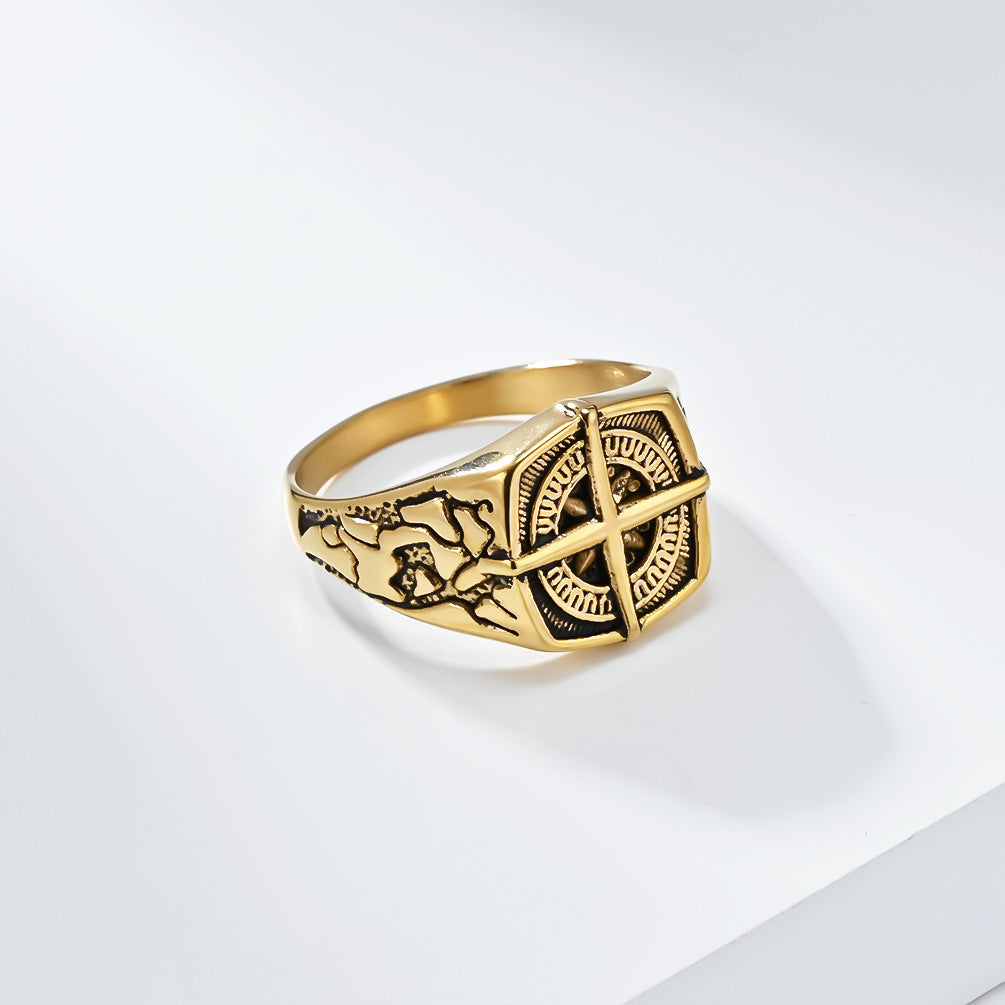 Planderful Compass Ring Stainless Steel Nordic Retro Pirate Sailing Style for Men Bold Niche Jewelry