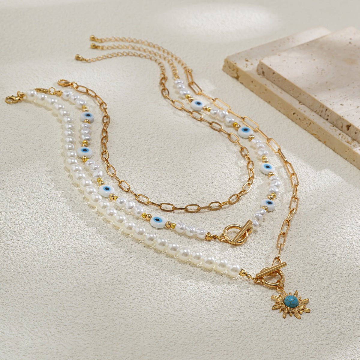 Court Retro Devil'S Eye Necklace Sun Pendant Irregular Pearl Multi-Layer Stacked Necklace