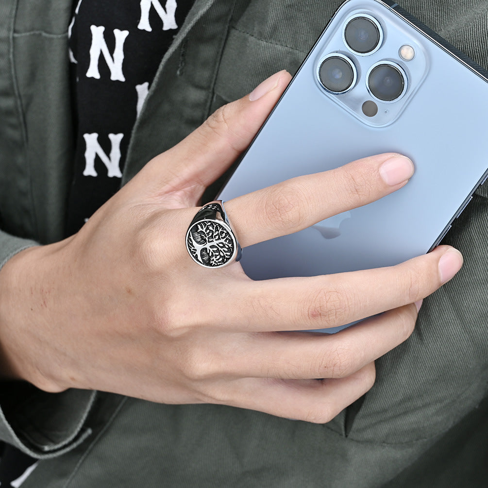 Cross-Border Retro Titanium Steel Life Tree Ring for Men