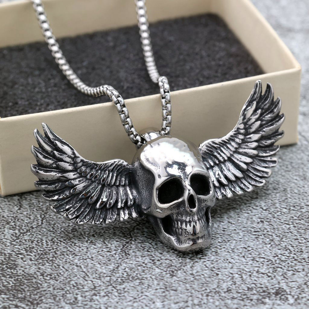 Planderful Unisex 3D Skull Wing Pendant Necklace in Retro Stainless Steel Everyday Genie Edition