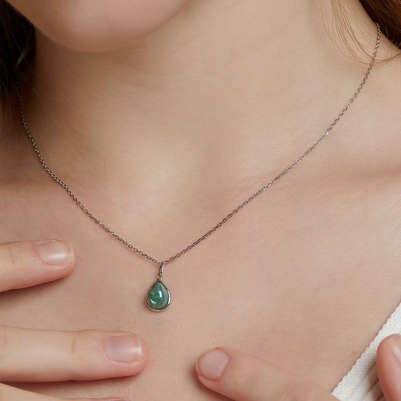 S925 Sterling Silver Moss Agate Teardrop Pendant Necklace
