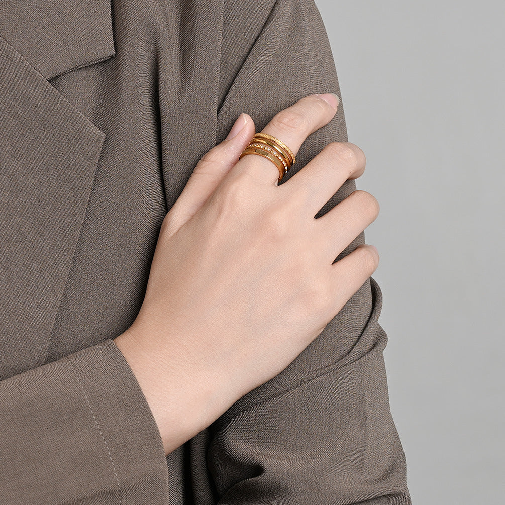 Planderful Everyday Genie Titanium Steel Ring For Unisex Stacked Niche Texture With Zircon Sparkle