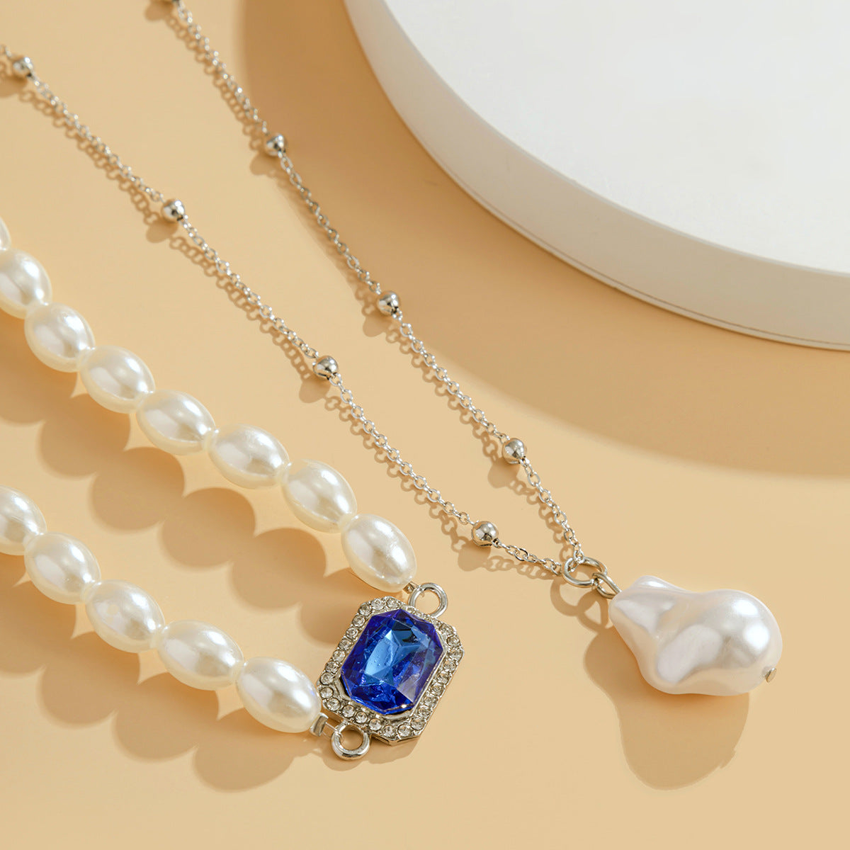 Planderful Imitation Pearl Necklace Blue Zircon European Court Style Asymmetric Design Statement Jewelry For Women