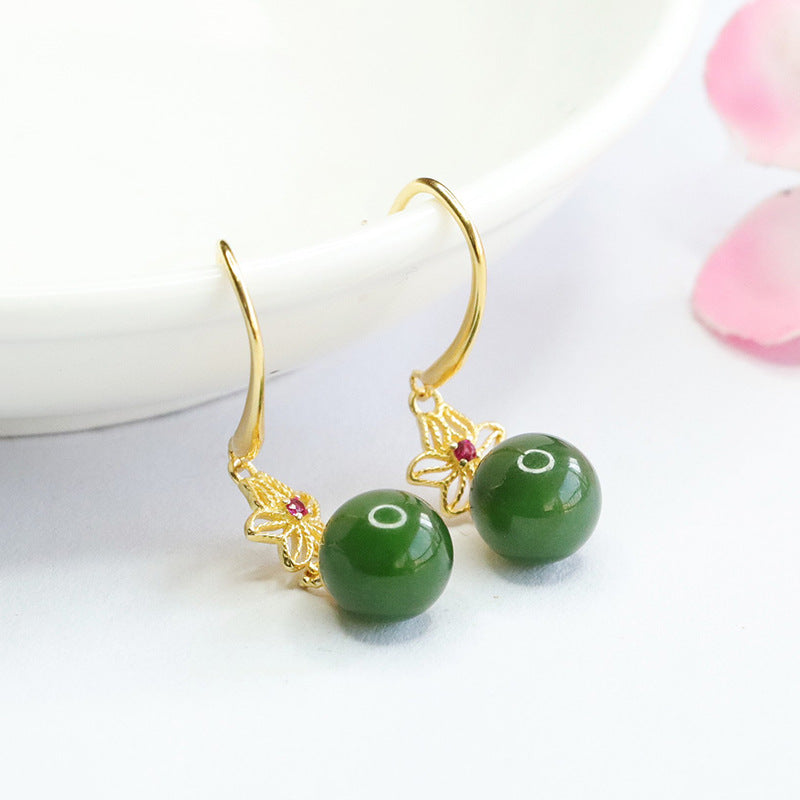 S925 Silver Natural Hetian Jade Earrings with Jasper Bead Hollow Floral Design