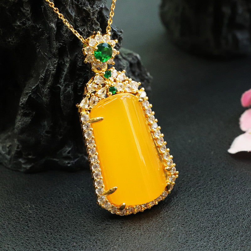 Golden Necklace with Yellow Chalcedony Pendant and Zircon Jewelry