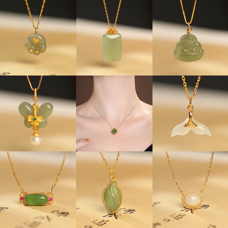 925 Sterling Silver Hetian Jade Peace Plaque Butterfly Pendant Necklace