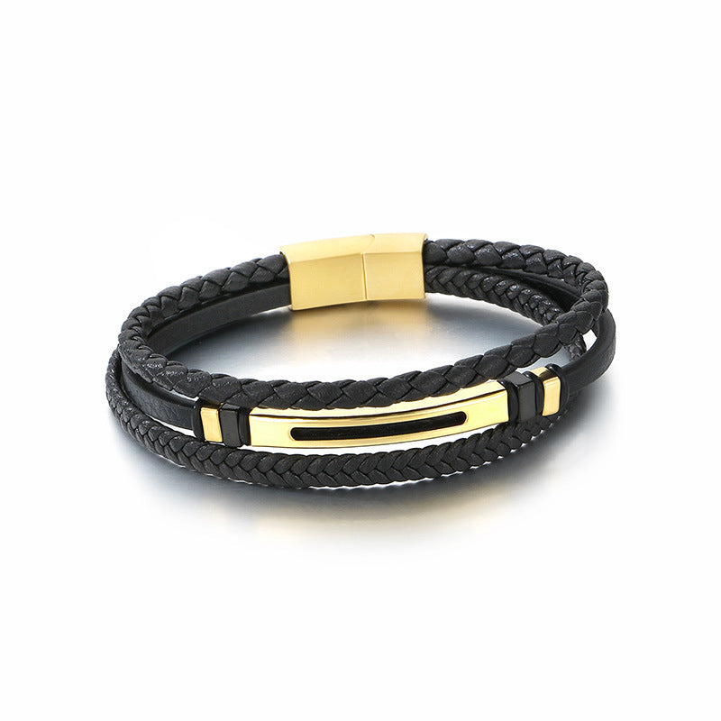 Multi-Layer Leather Rope Bracelet – Black Woven Leather Layered Stainless Steel