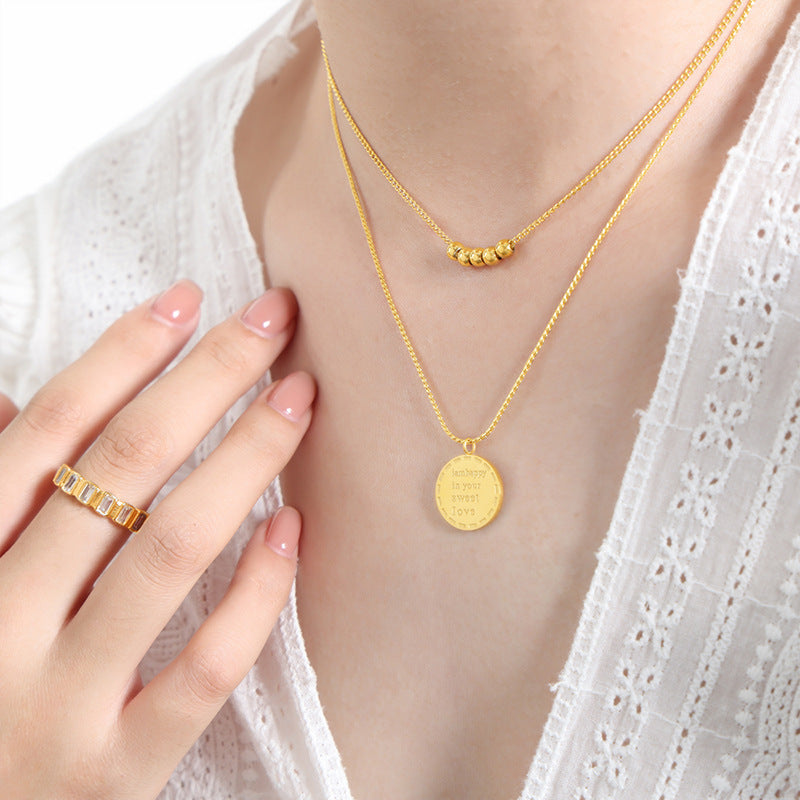 Golden French Letter Pendant Necklace with Double Circle Beaded Design