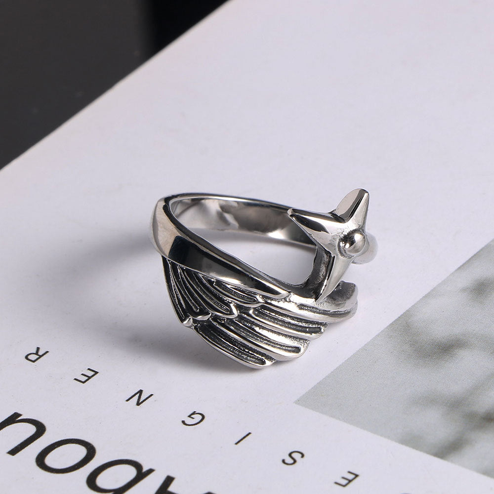 Titanium Steel Angel Wings Ring for Men - Fashionable Feather Design Index Finger Accessory