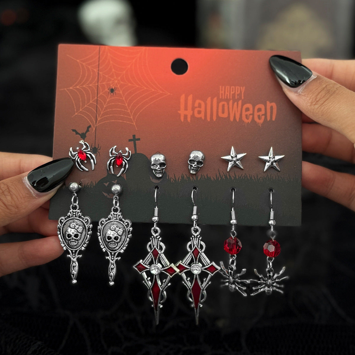 Planderful Gothic Halloween Earrings Set Spider Web Bat Blood Cross With Roses For Women Vienna Verve