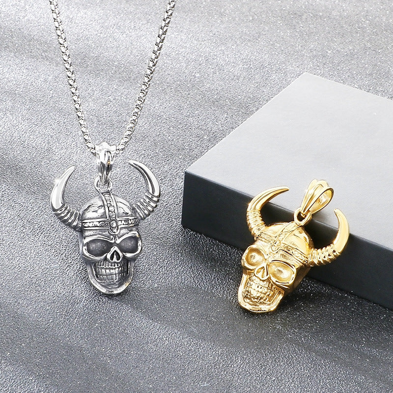 Enjoy The Punk Style Bull Head Pendant, Nordic Viking War Helmet Horn Skull Necklace