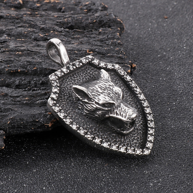 Retro Classic Hip-Hop Lion Head Shield Pendant with Zircon-Encrusted Wolf Head in Stainless Steel for Men