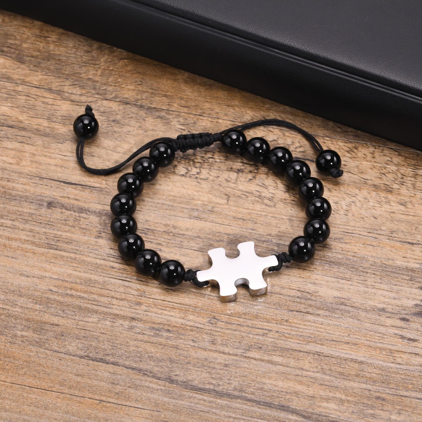 Adjustable Stainless Steel Puzzle Glossy Agate Beaded Bracelet Men's Black for Men