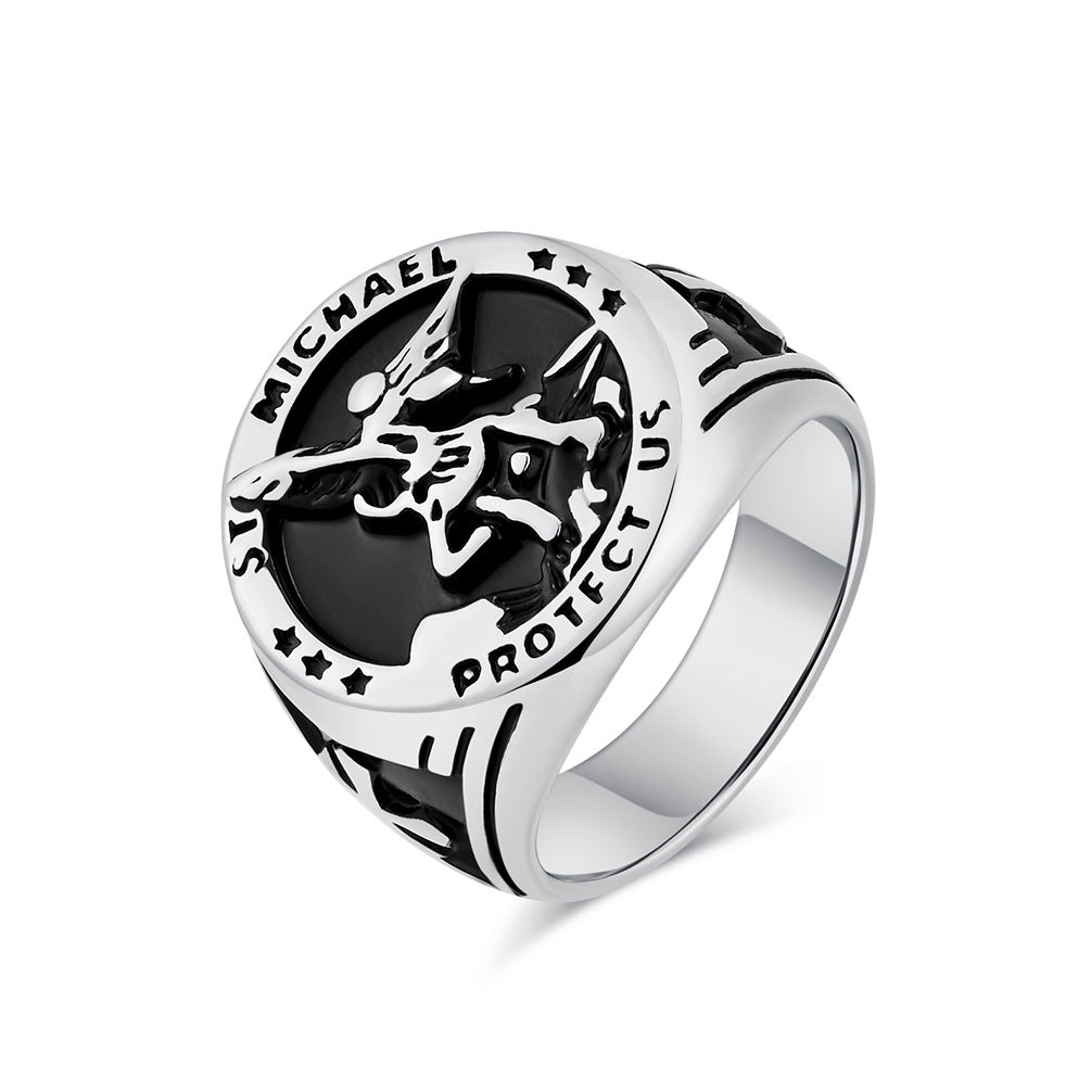 Cross-Border European And American Style Retro St. Michael's Archangel Titanium Steel Ring