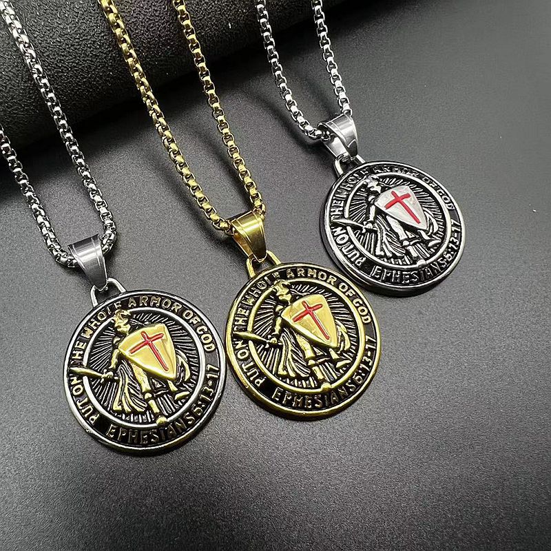 Planderful Everyday Genie Templar Pendant Necklace For Medieval Western Style Lovers Gold Plated Steel Epoxy Finish