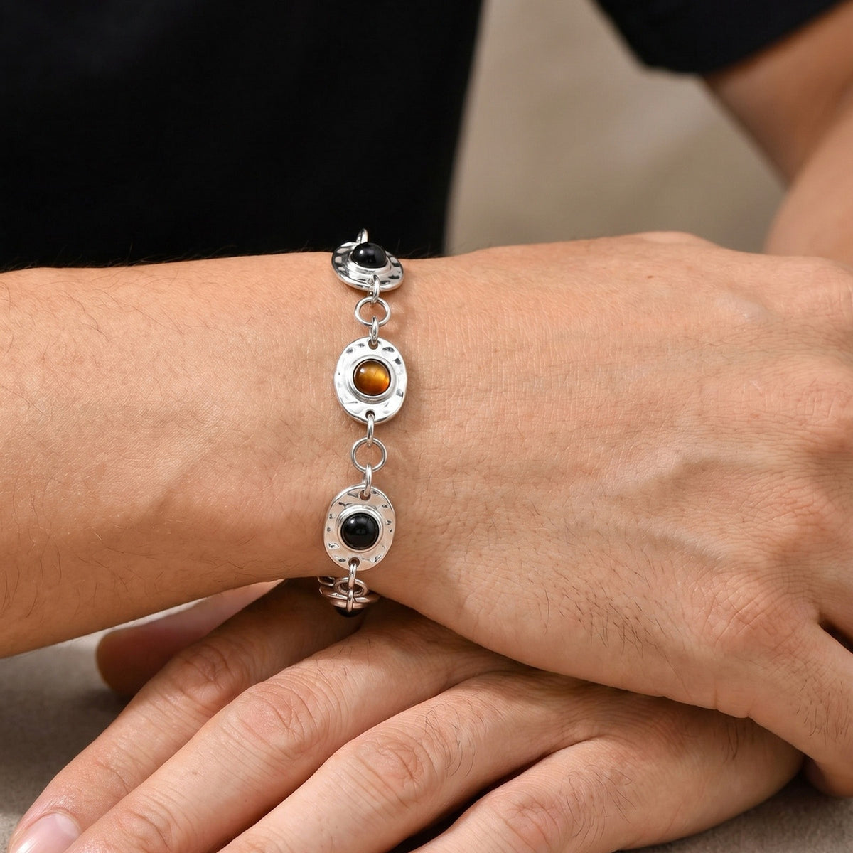 Tiger's Eye Black Stainless Steel Bracelet