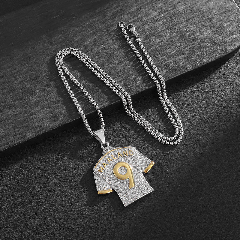 Planderful Bold Hip Hop Necklace Titanium Steel Gold Plated Zircon Football Jersey No 9 Pendant For Men