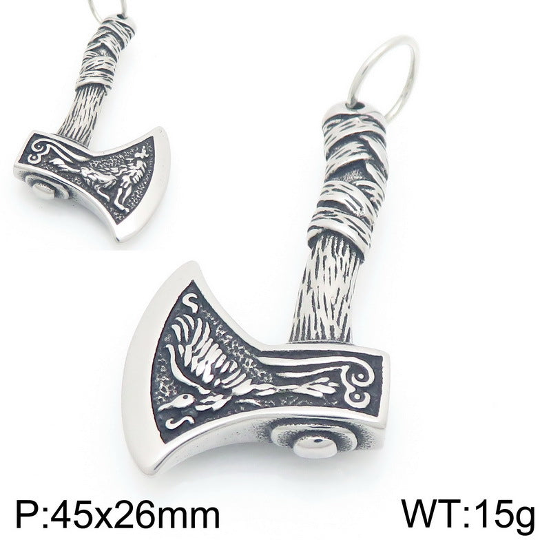 Nordic Viking Wolf Pattern Battle Axe Pendant – Punk Style Axe Amulet Titanium Steel Necklace