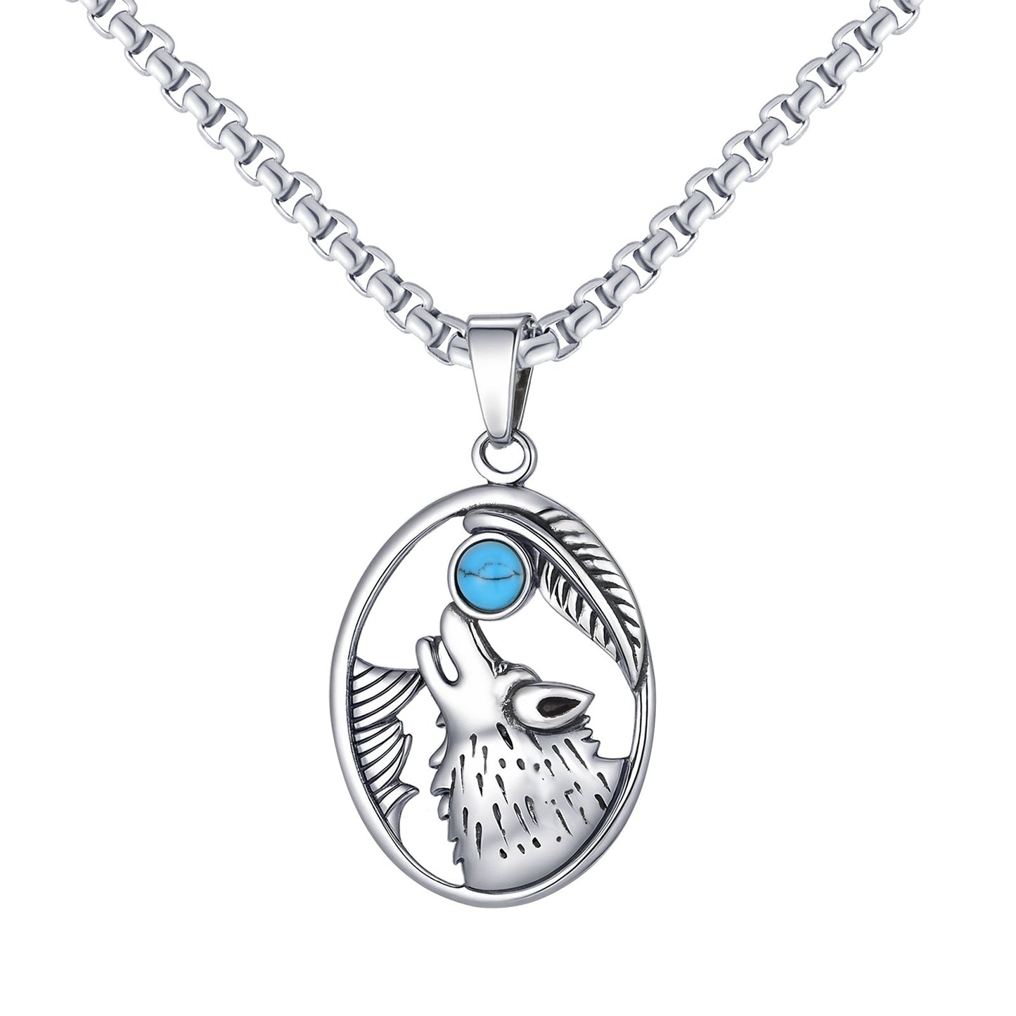 Planderful Wolf Head Turquoise Pendant for Men Hip Hop Style