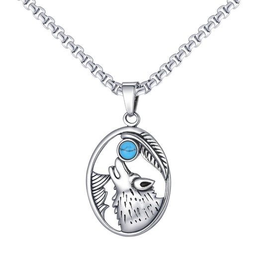 Planderful Wolf Head Turquoise Pendant for Men Hip Hop Style