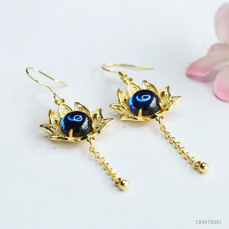 Lab-Grown Blue Spinel Sunflower Tassel Earrings