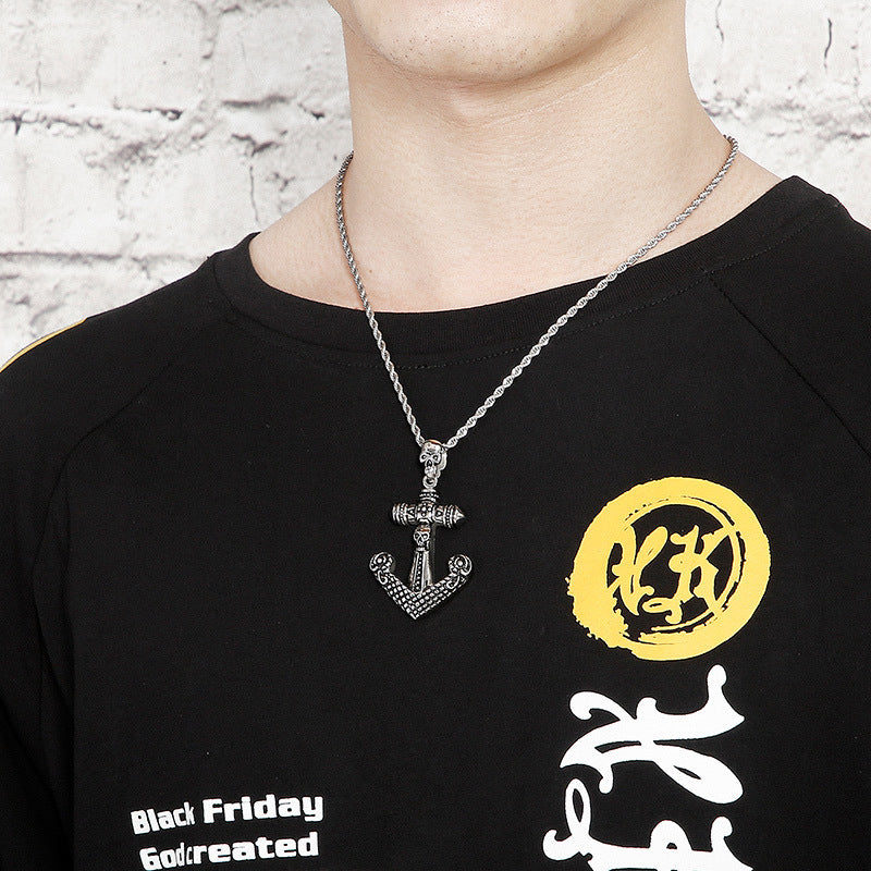 European and American Trendy Retro Cross Anchor Skull Titanium Steel Men's Pendant