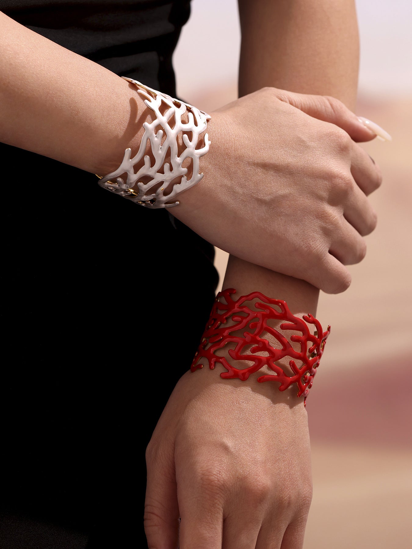 Planderful Bold Gold Plated Open Bracelet Coral Red Women