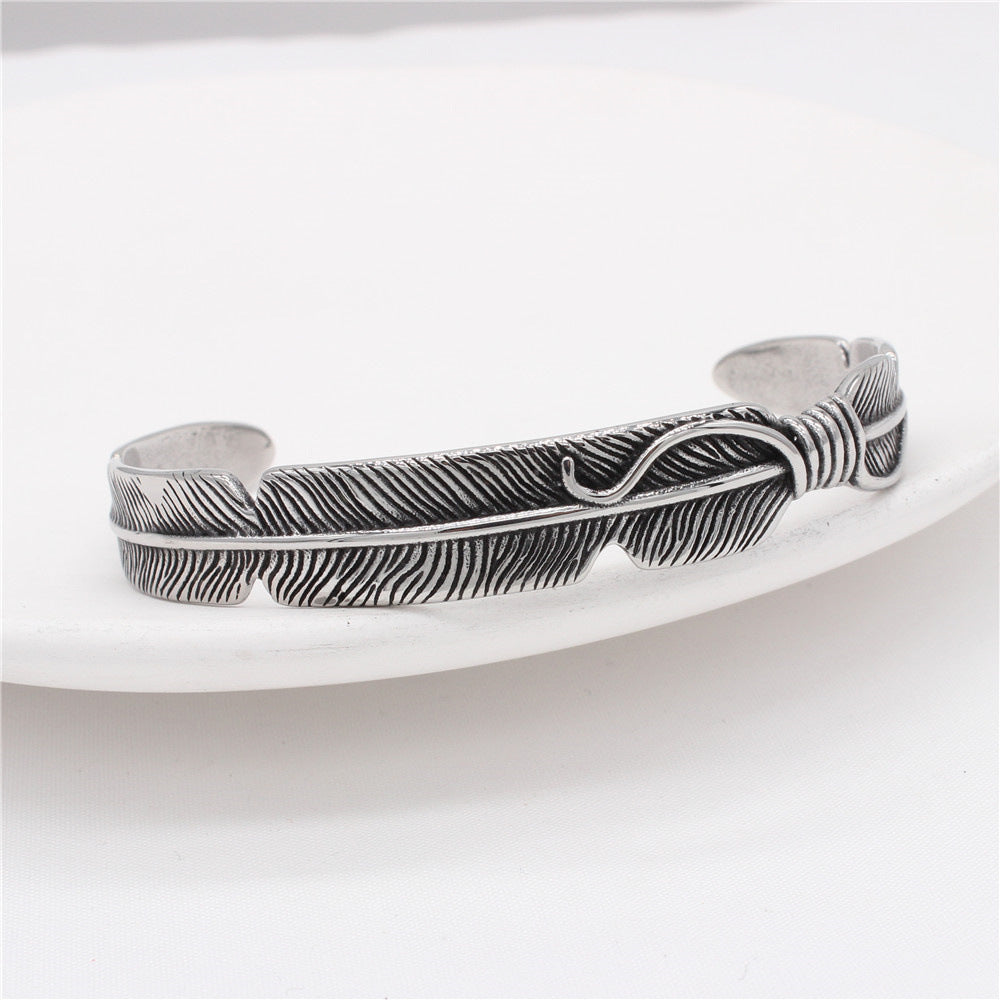 Titanium Steel Bracelet Feather Charm Unisex Planderful Everyday Genie Protection Statement Jewelry