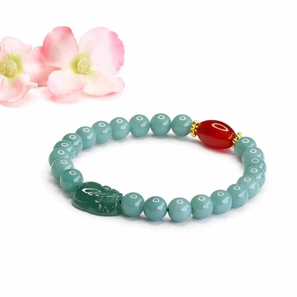 Blue Water Jadeite Pixiu & Barrel Bead Beaded Bracelet