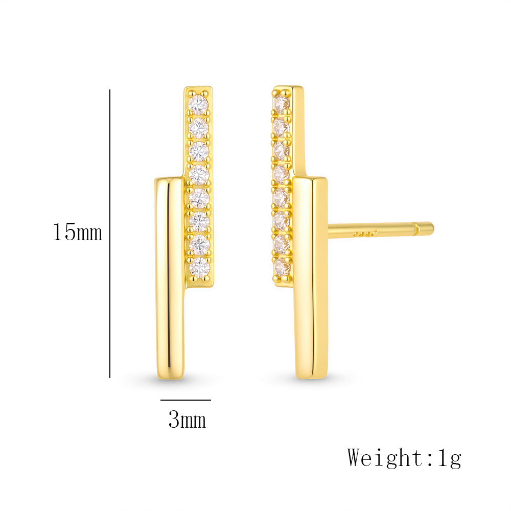 S925 Sterling Silver Zircon One-Word Design Stud Earrings Double Row Geometric Lines Small