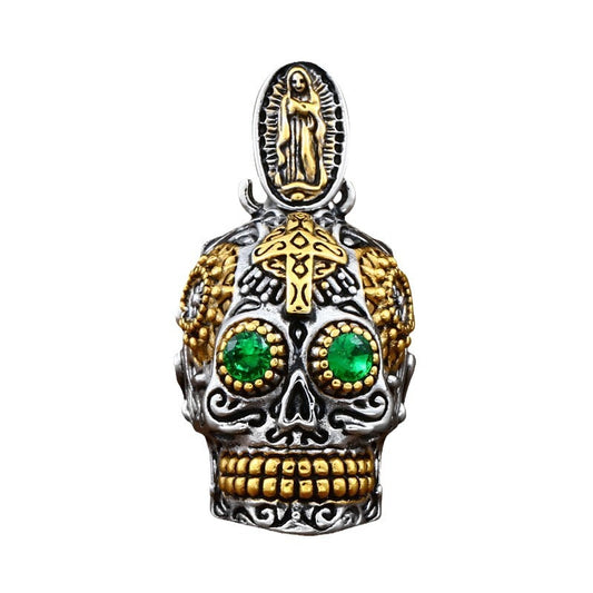Titanium Steel Engraved Virgin Skull Pendant - Retro Punk Style for Men