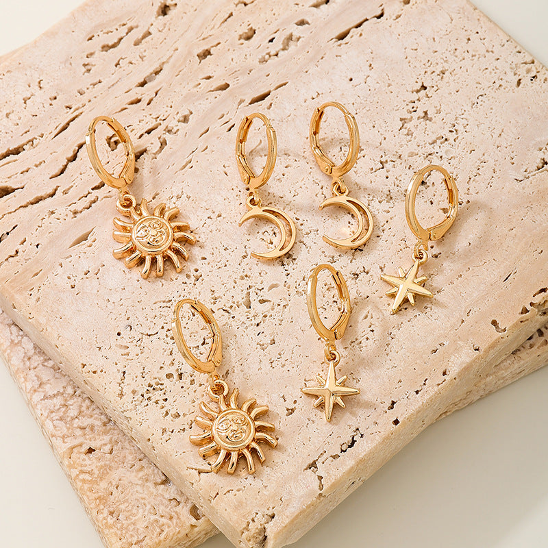 Planderful Vienna Verve Earrings Set – Exquisite Metal Stars and Moon Design