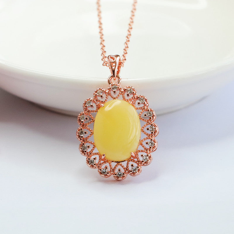 Golden Halcyon Beeswax Amber Pendant Halo Necklace