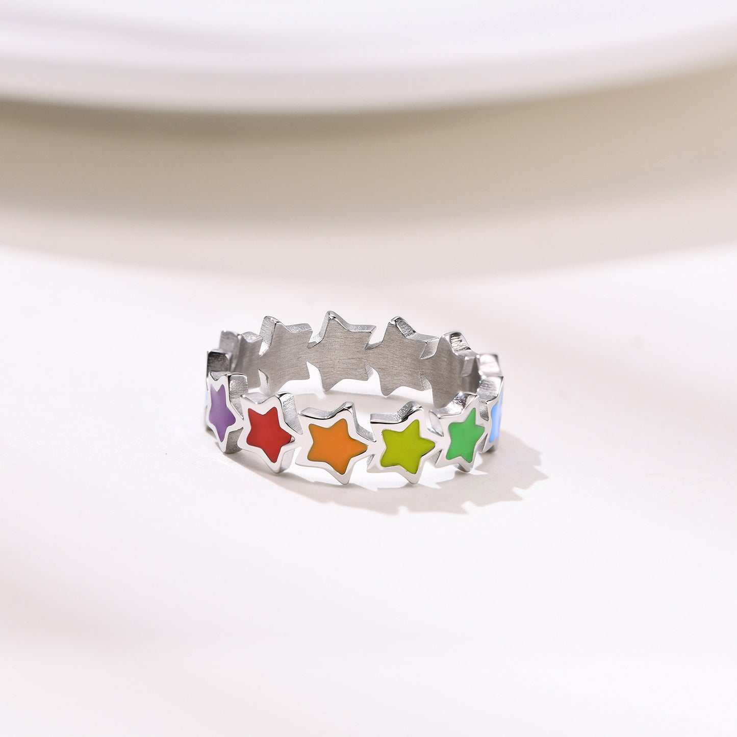 European And American New Color Ring Personalized Fashion Stainless Steel Five-Pointed Star Rainbow Ring