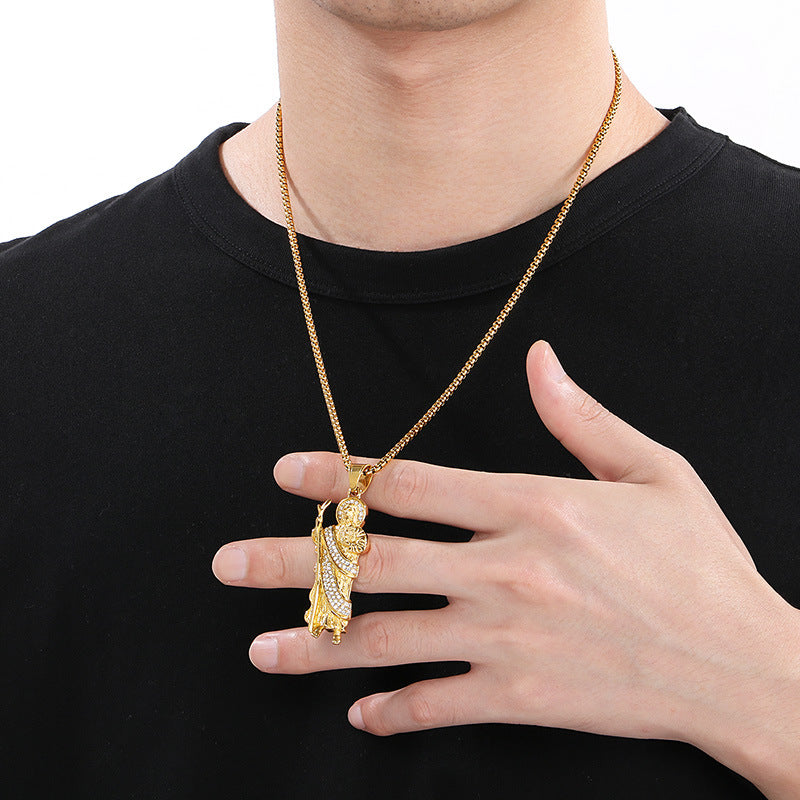 Stylish Zircon Necklace, Vintage Vacuum Plated St. Jude God Titanium Steel Pendant For