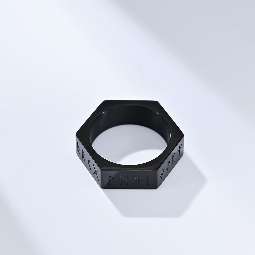 Planderful Everyday Genie Stainless Steel Ring With Hexagonal Niche And Pirate Viking Text For Hipster Vibe