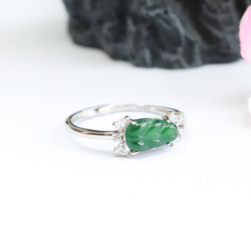 Ice Emperor Green Jade Leaf Sterling Silver Ring