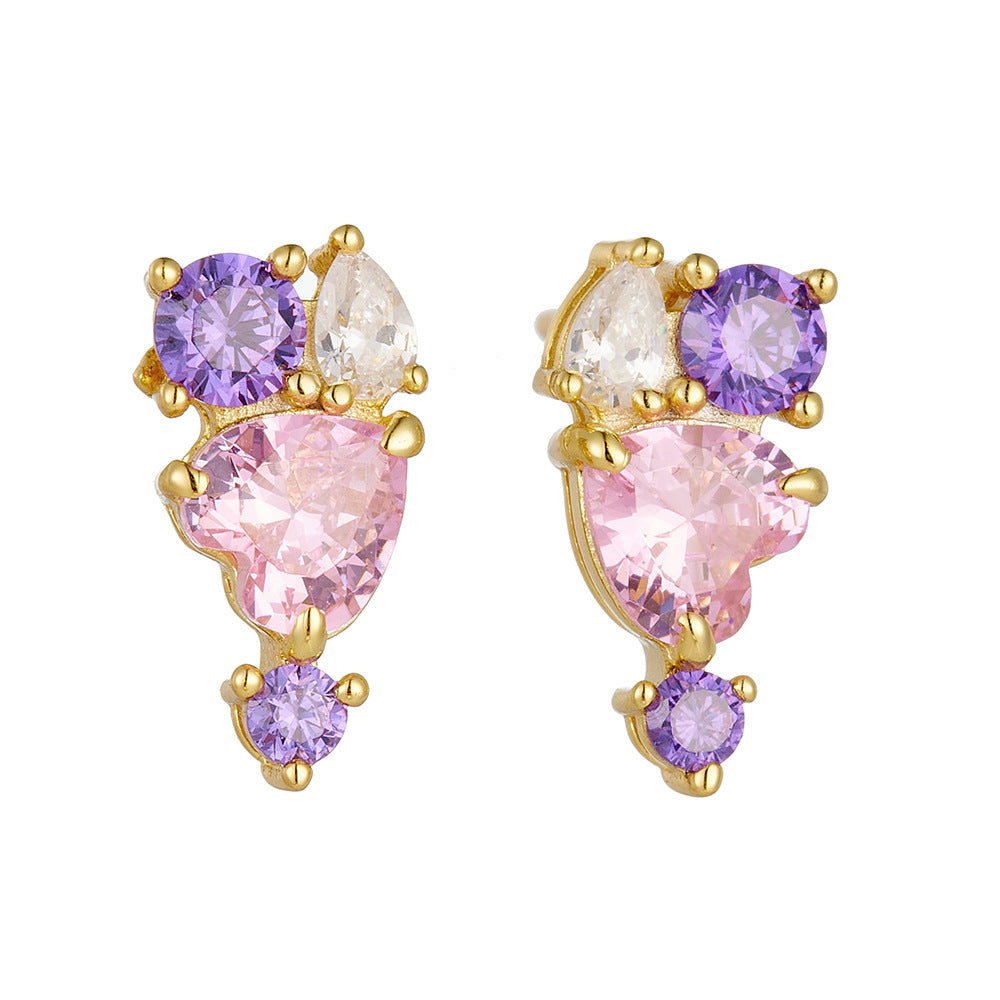 S925 Sterling Silver Heart-Shaped Pink Zircon Stud Earrings Colored Gemstone
