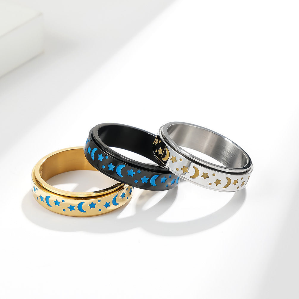 Planderful Everyday Genie Titanium Steel Rotatable Anxiety Relief Ring With Luminous Moon Star Design For Nervous Hands