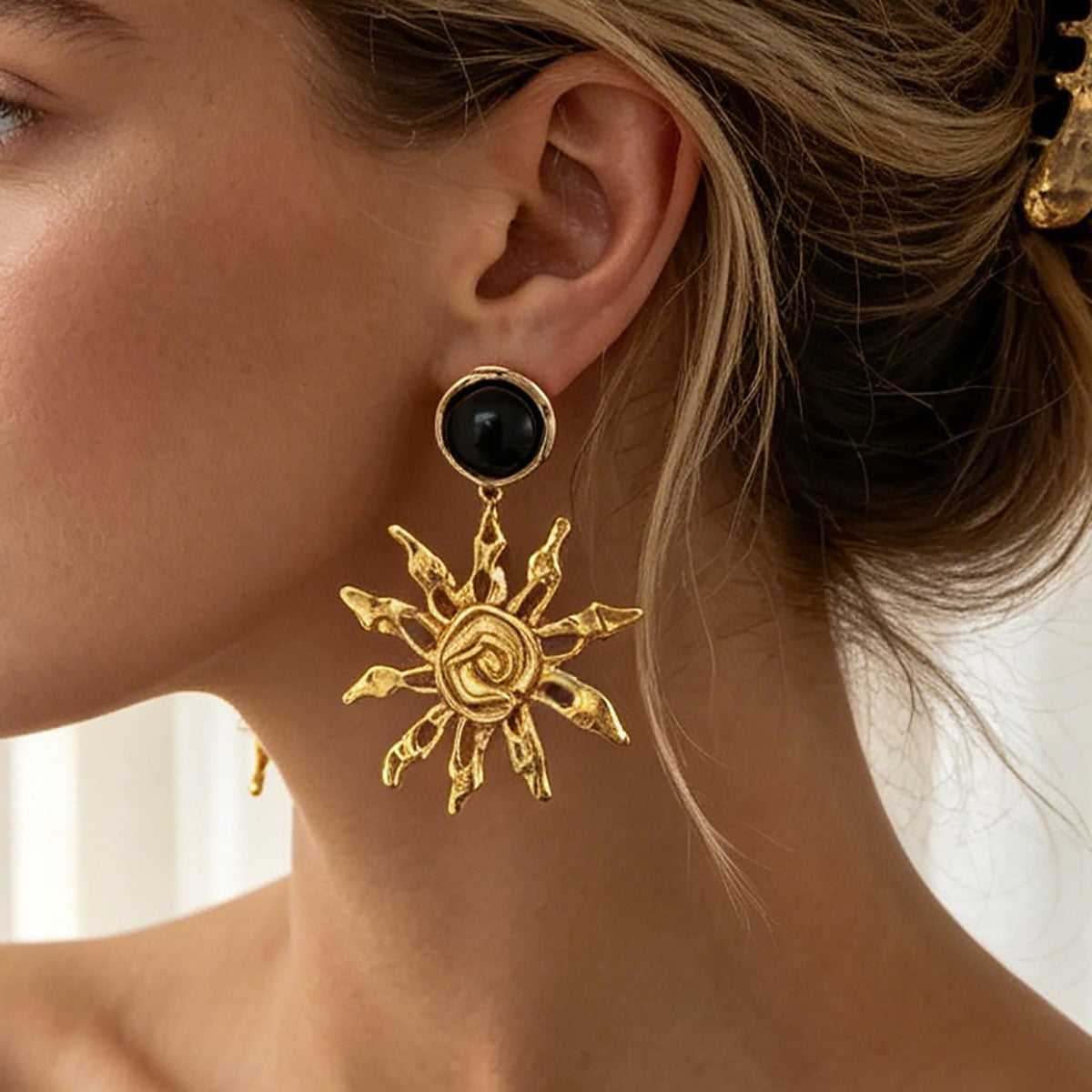 Planderful Sunflower Pendant Earrings Hammered Texture Vintage European American Style For Women Statement Jewelry