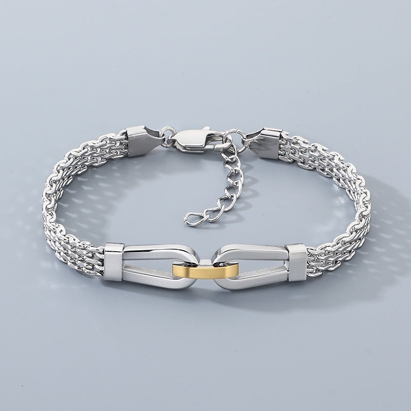 Style Hollow Woven Chain Design Horseshoe Buckle Titanium Steel Men's Bracelet