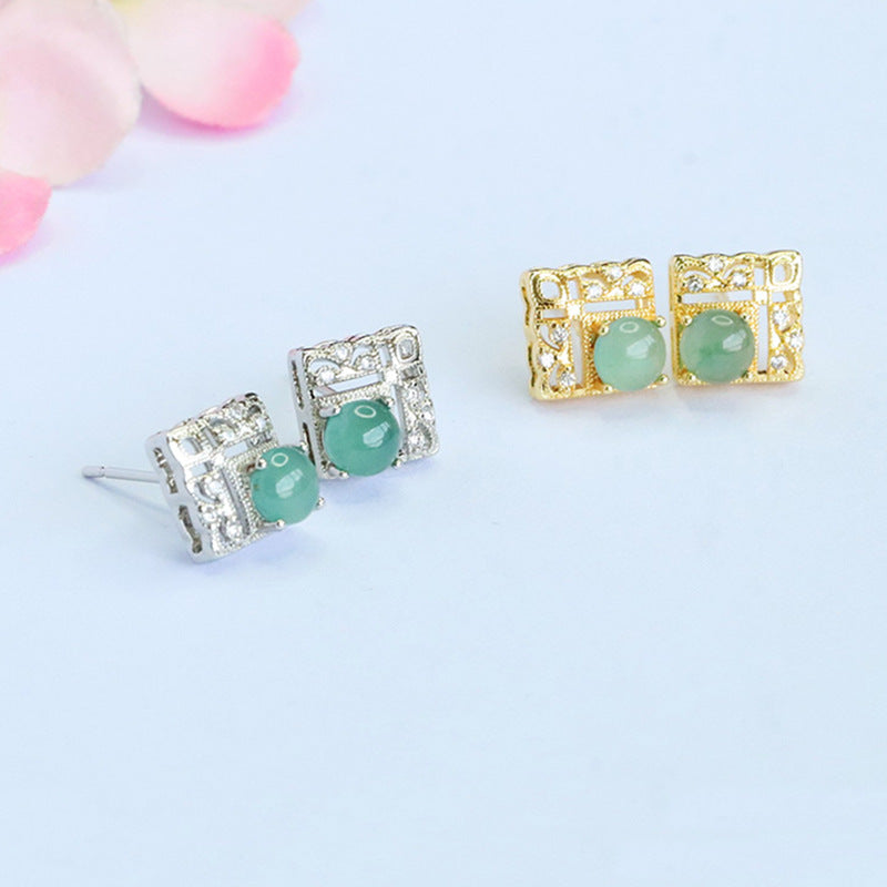 Blue-Water Jadeite Window Motif Stud Earrings