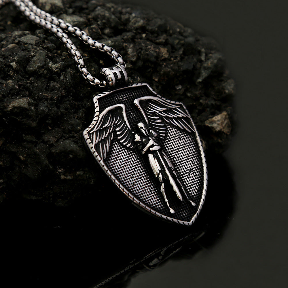St. Michael's Vintage Men's Titanium Steel Angel Cross Pendant
