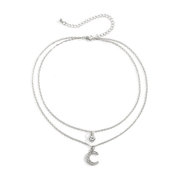 Planderful Collarbone Necklace With Rhinestone Tassel And Personalized Crescent Double Layer For Women