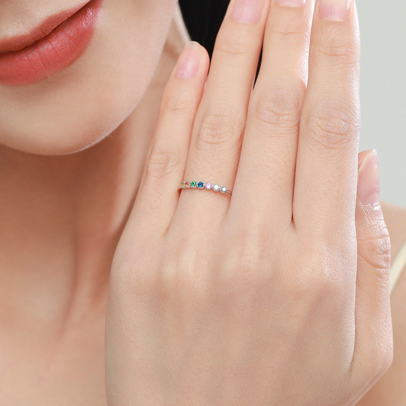 Colorful Zircon Rainbow Sterling Silver Ring - Size 5-9