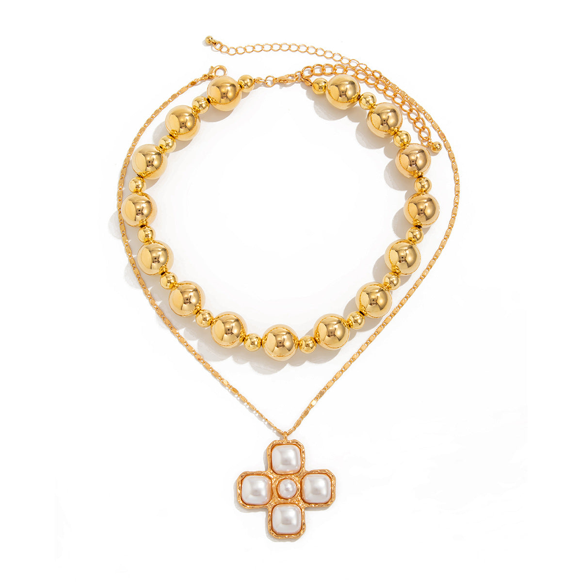 Bold Bead & Cross Double-Layer Necklace