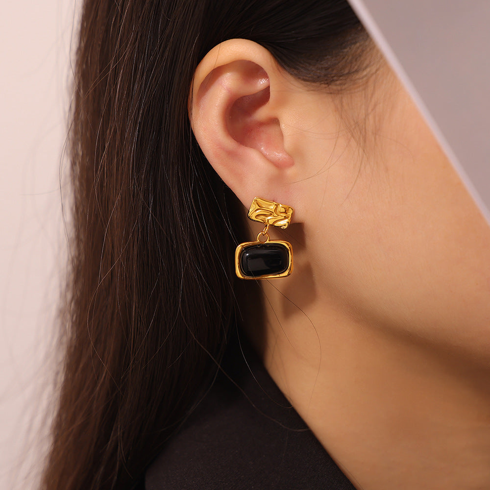 Elegant Black Glass Inlaid Gold-Plated Titanium Steel Earrings
